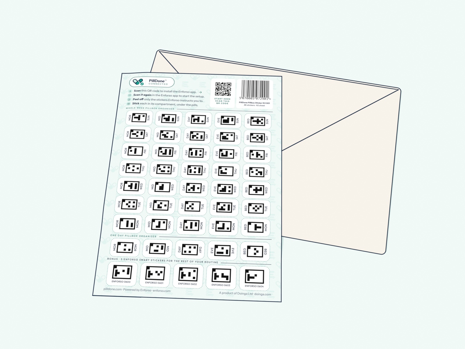 The PillDone Kit: an A5 sheet of pillbox stickers with its Setup code, lying on the envelope it comes in